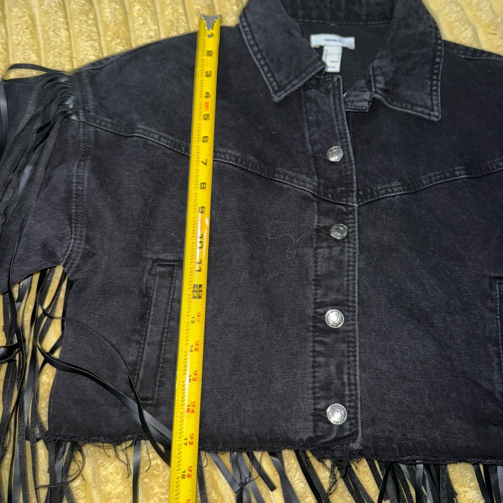 Forever 21 Black Jean Jacket denim faux leather Fringe western boho size Small - Picture 7 of 12